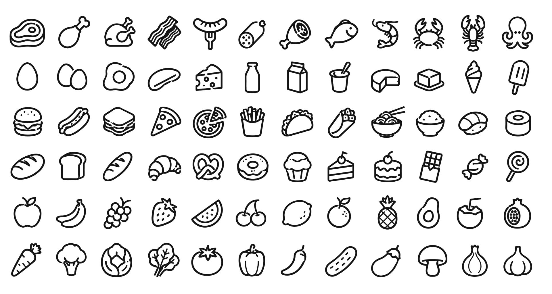 Food grocery and delicious meal outline icon collection.