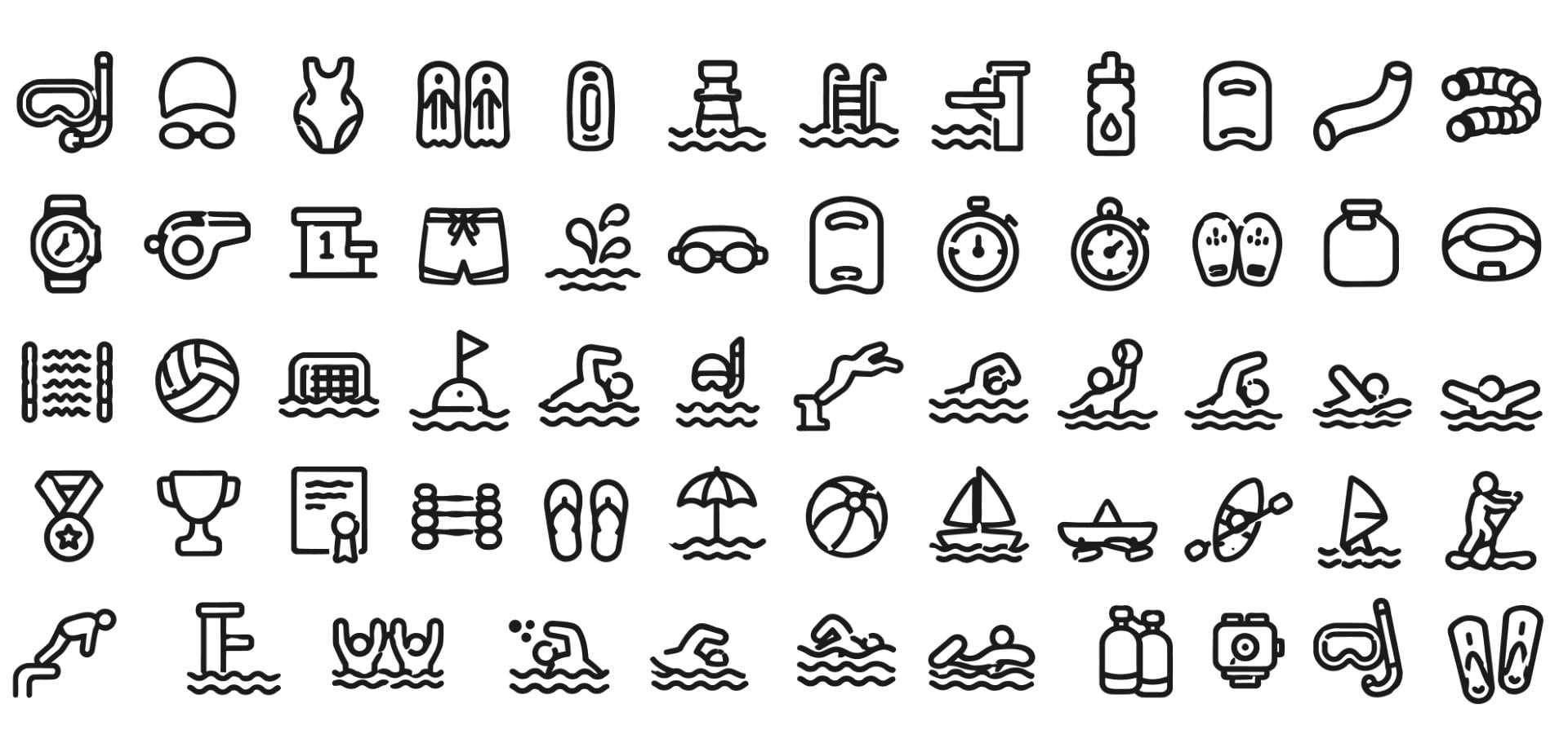 Swimming pool and water sports outline icon set collection.
