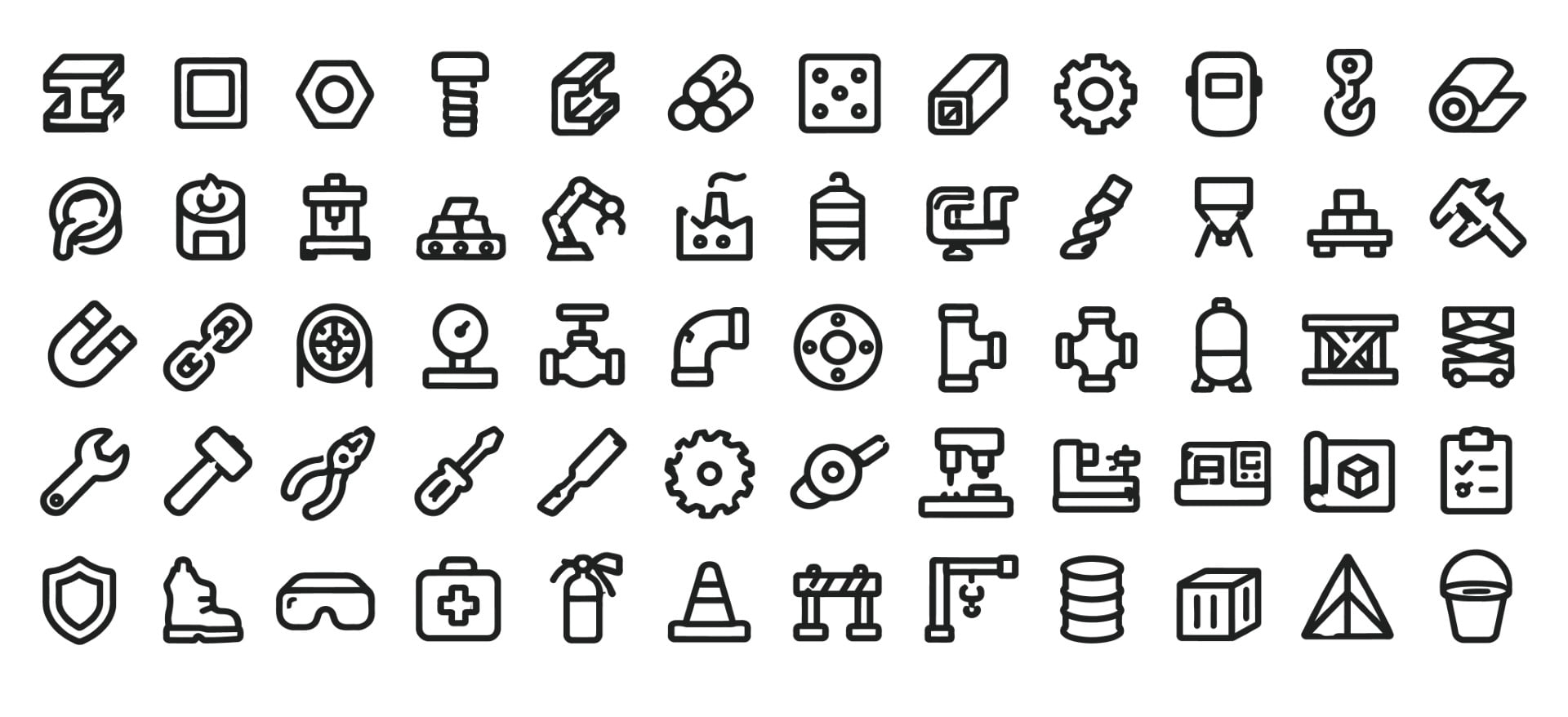 Industrial manufacturing heavy metallurgy production lines and workshop tools icon collection.
