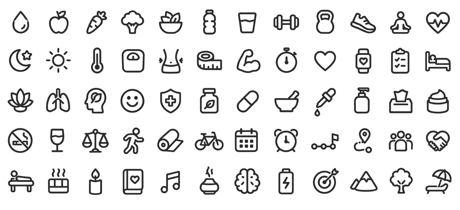 Healthy lifestyle fitness wellness and mental healthcare icon collection.