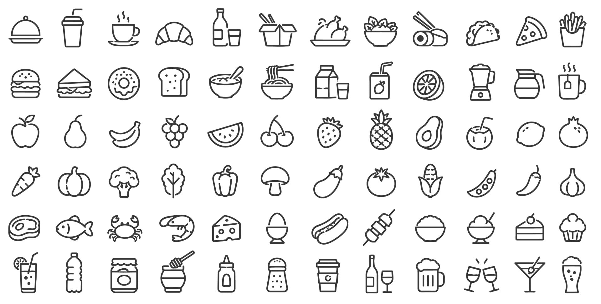 Restaurant menu meals beverage grocery items and daily nutrition icon collection.