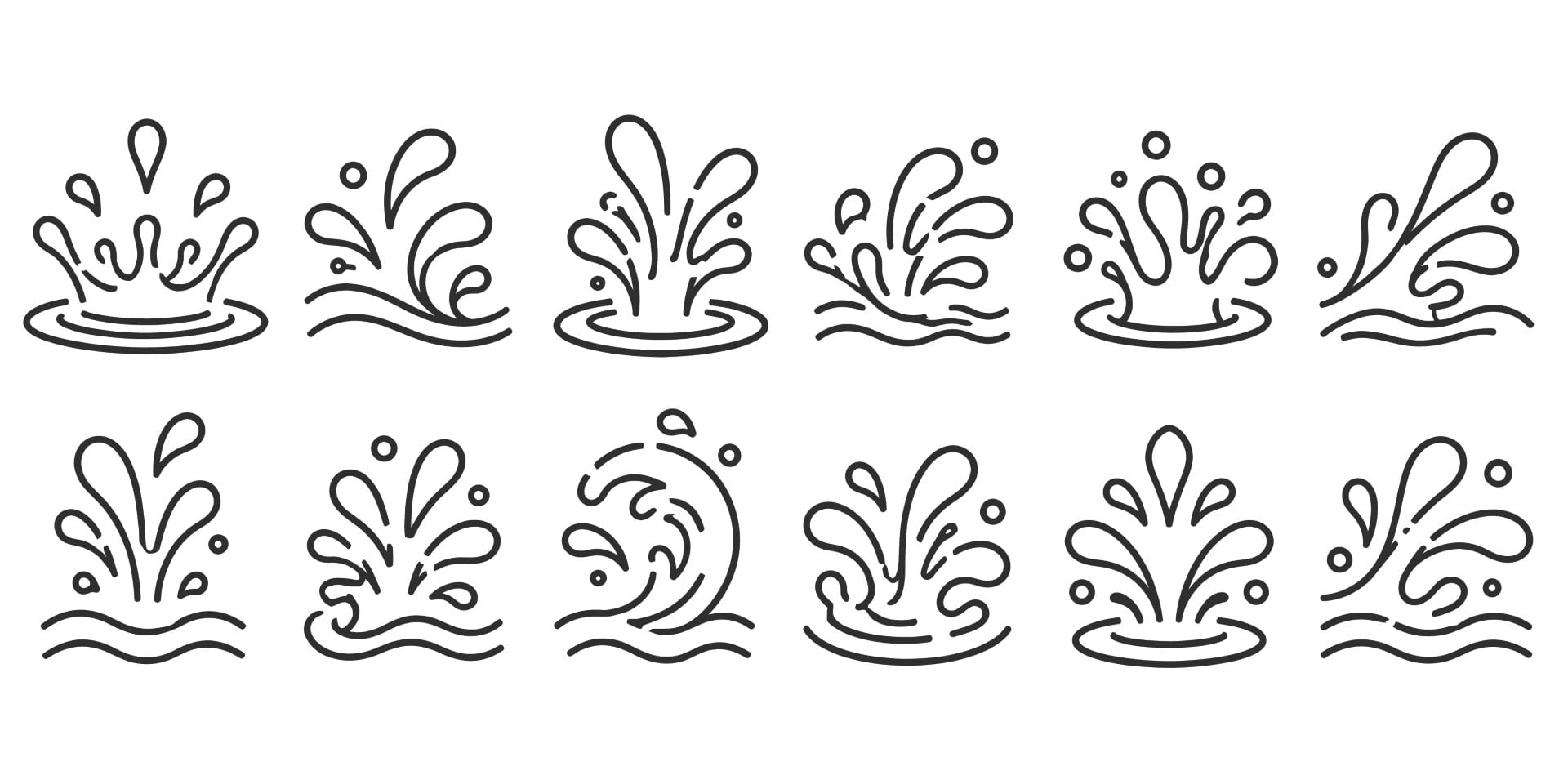 Liquid water splash dynamic motion and sea wave icon set collection.