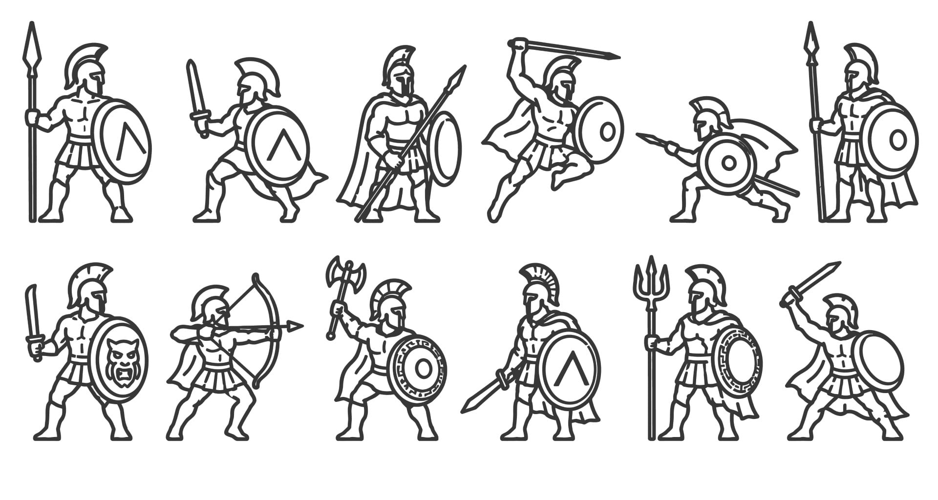 Ancient Greek spartan warriors with shields and spears icon set collection.