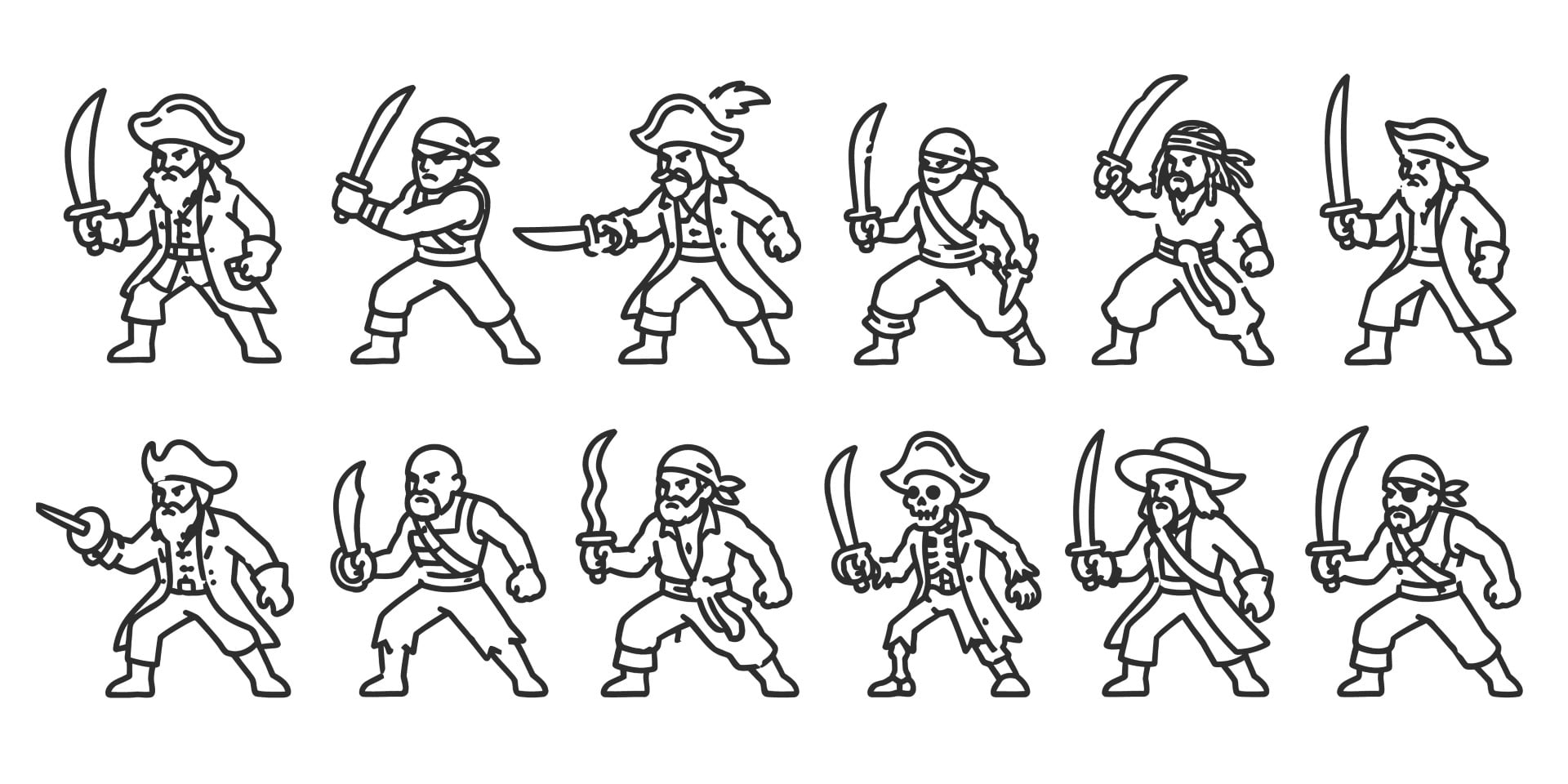 Pirate corsair characters with cutlass swords icon set collection.