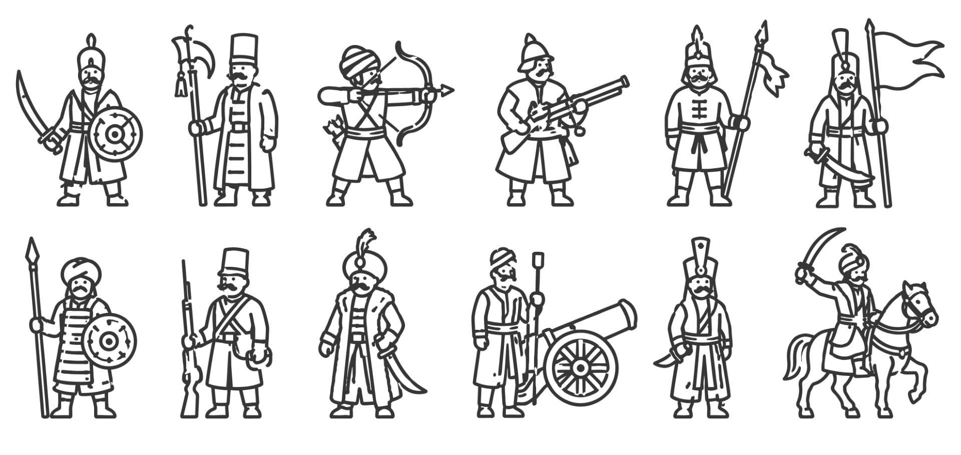Ottoman Empire historical military soldiers icon set collection.