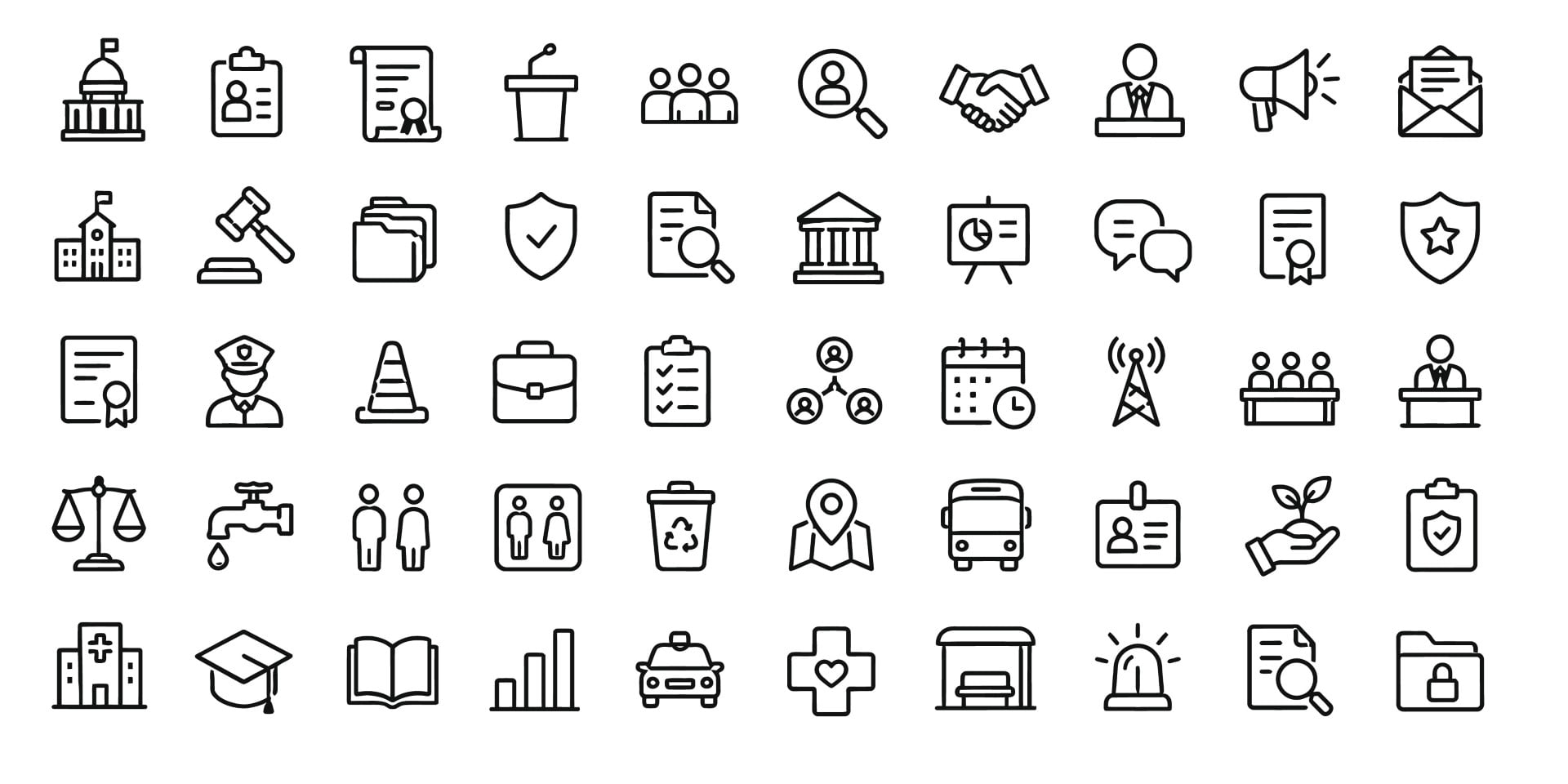 Government and public municipal services icons set collection.
