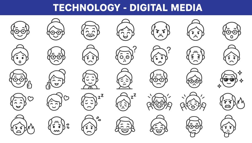 Senior people line icons showing various facial expressions.