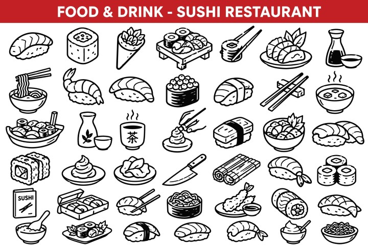 Traditional japanese food and drinks set including rolls noodles and green tea.