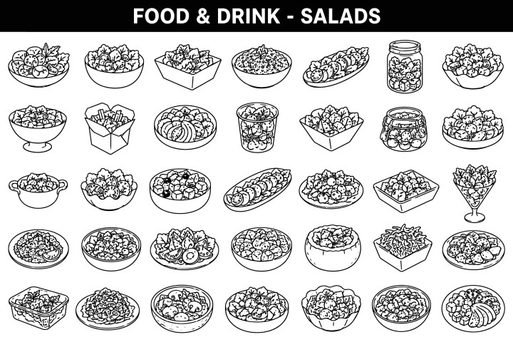 Assorted salad dishes and food containers line art.