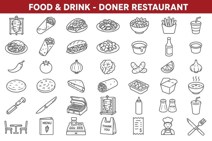 Delicious fast food doner kebab restaurant menu items and kitchen tools.