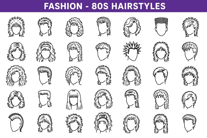 Retro fashion eighties hairstyles collection for vintage look inspiration.