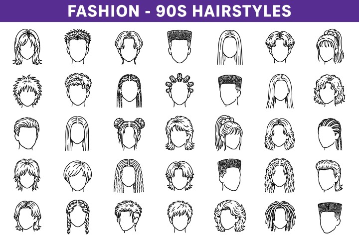 Classic nineties fashion hairstyles and urban youth hair trends set.