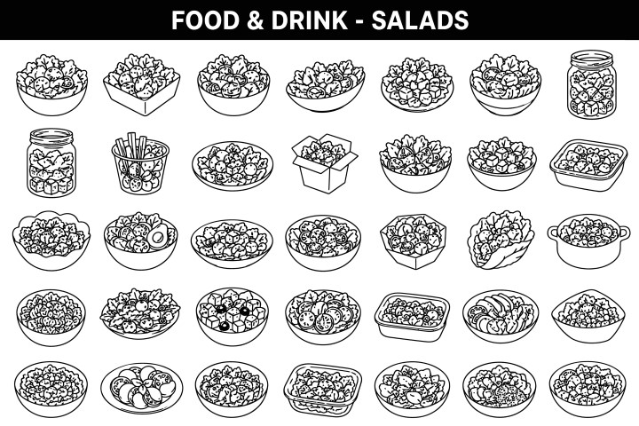 Healthy fresh salad bowls and container outlines collection.