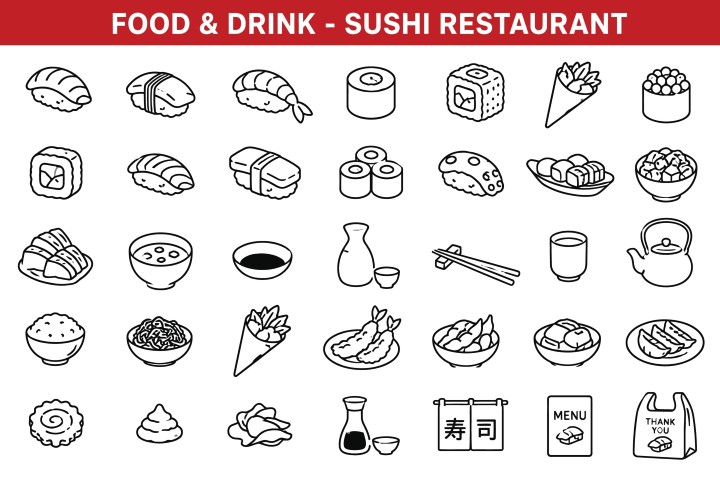 Traditional sushi restaurant menu items line icons set.