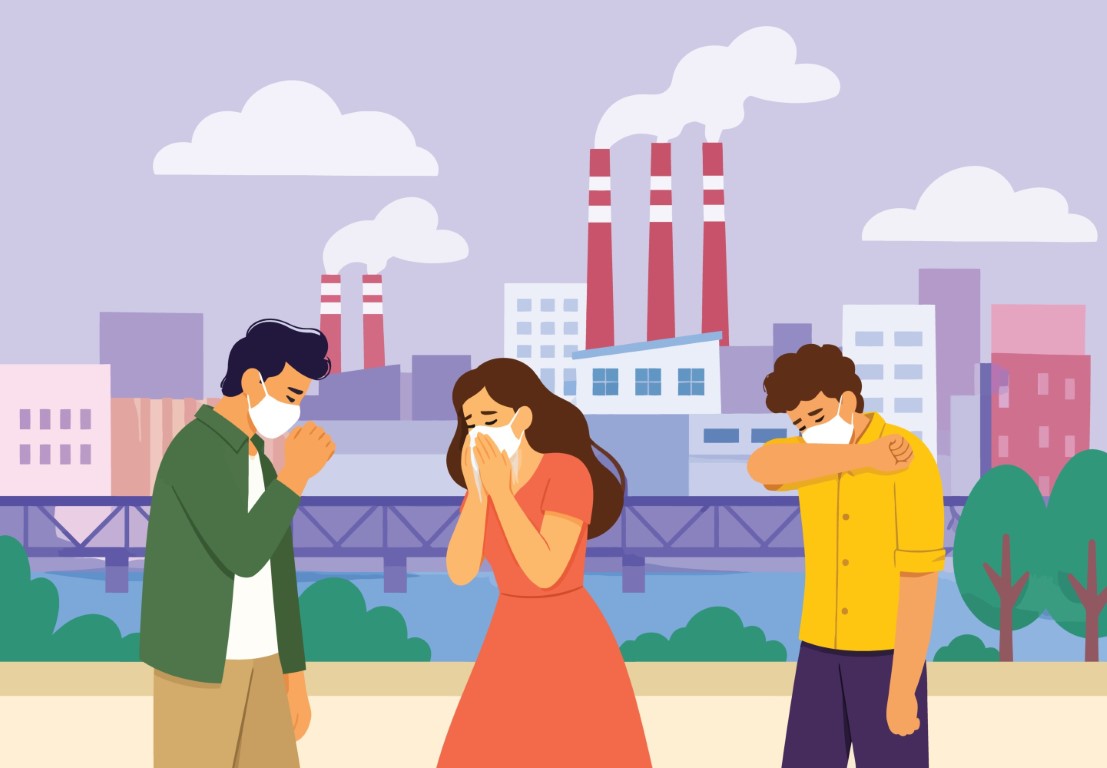 People Wearing Face Masks Coughing in a Polluted Industrial Urban Area.