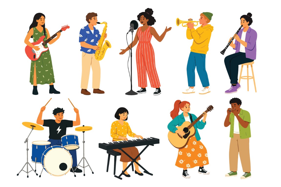 Diverse Group of Musicians Playing Various Instruments Including Guitar Saxophone Drums and Piano.