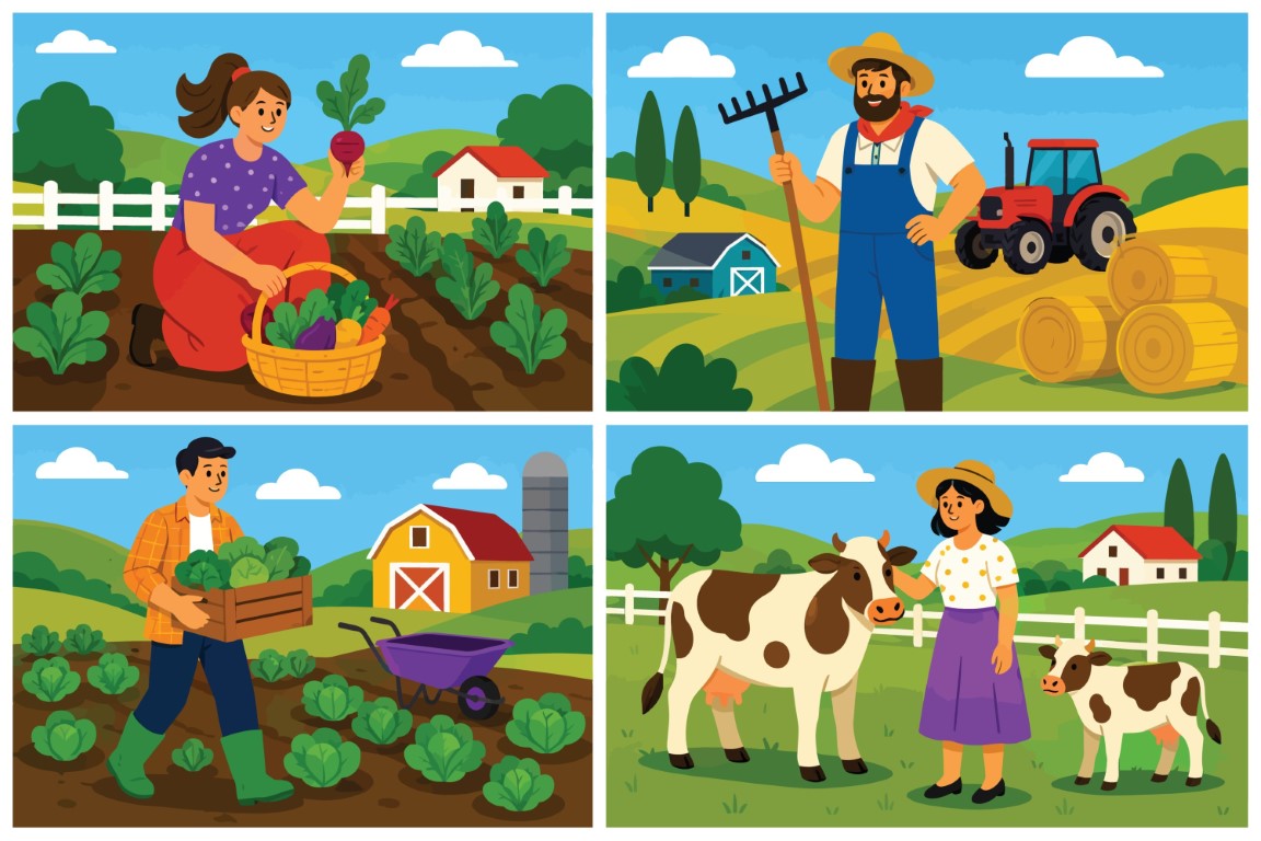 Farmers Working on a Countryside Farm Harvesting Vegetables and Caring for Livestock.