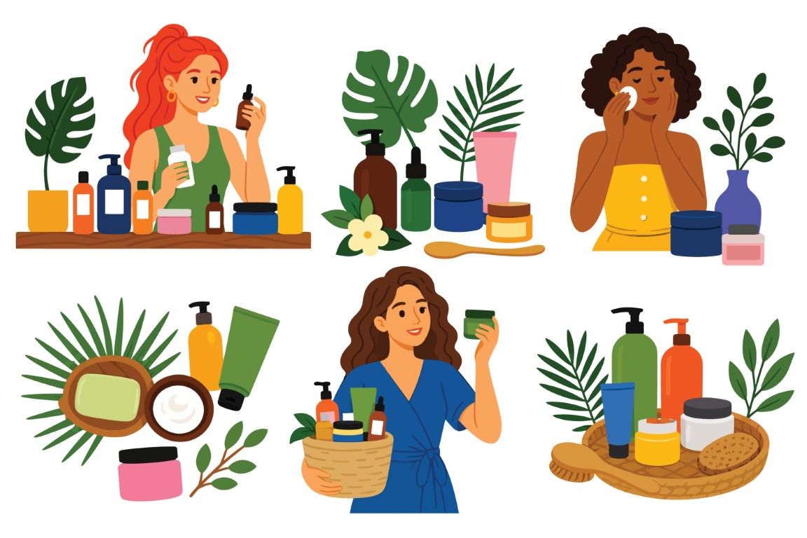 Women caring for their skin with natural beauty products and tropical plant accents.