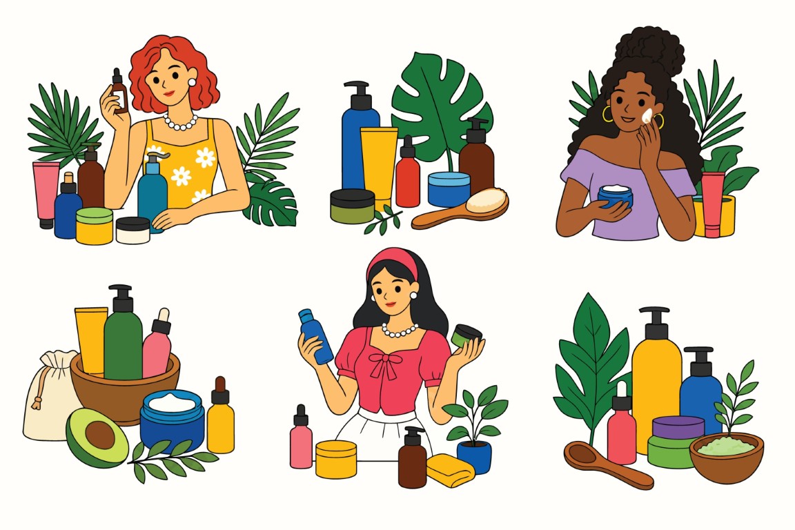 Set of women applying skincare products alongside natural beauty and cosmetic items.