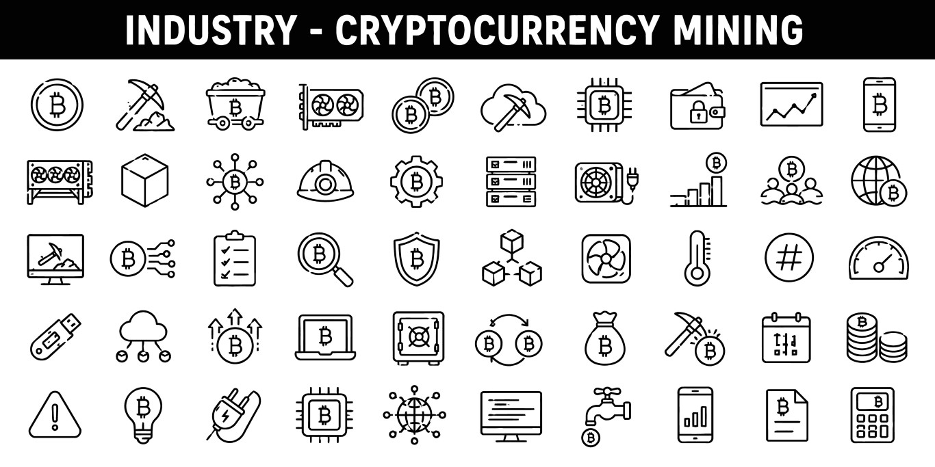 Cryptocurrency mining icons set collection including hardware graphics processing units cloud computing networks secure wallets or financial operations data.