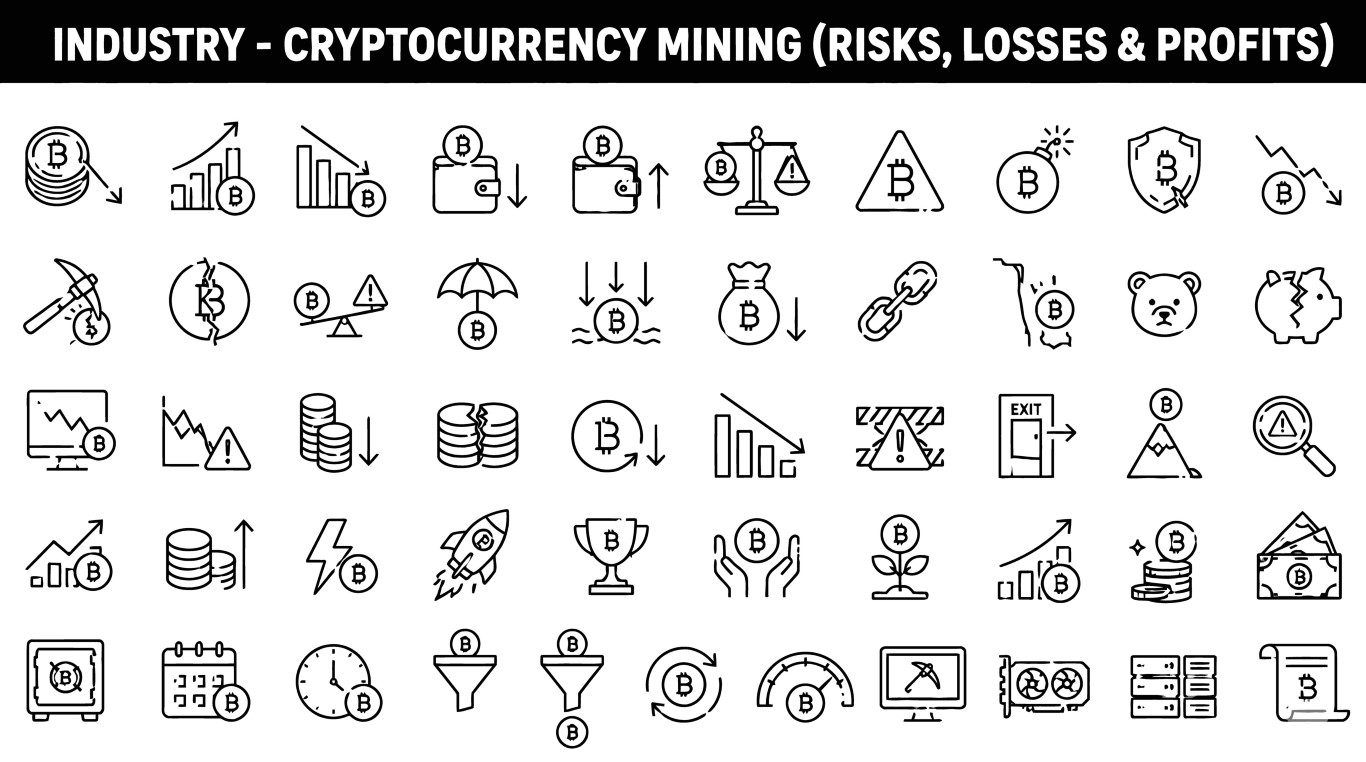 Cryptocurrency mining risk evaluation and financial losses icons set collection including market crashes power outages or investment secure balances.