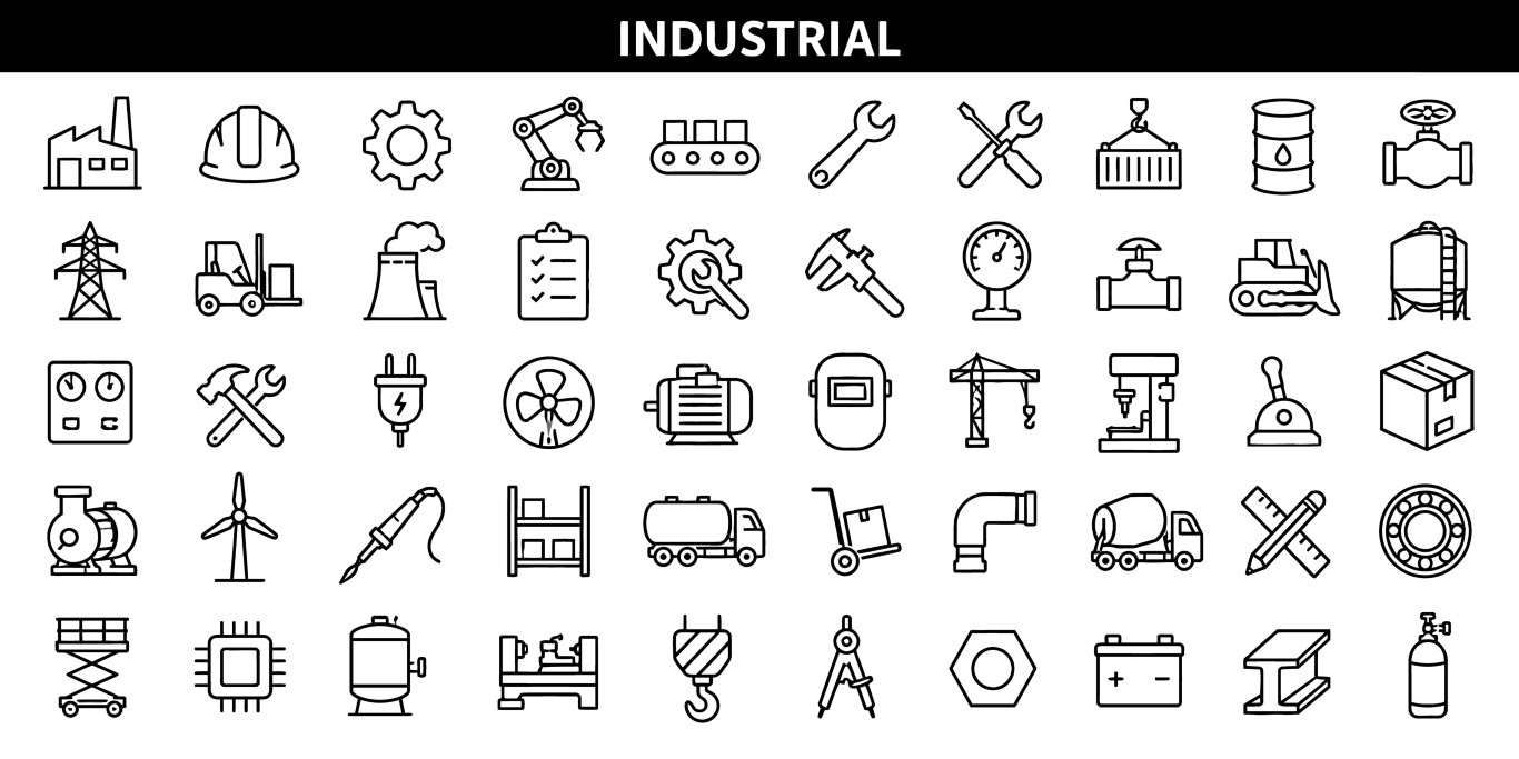 Industrial manufacturing equipment and machinery icon set.