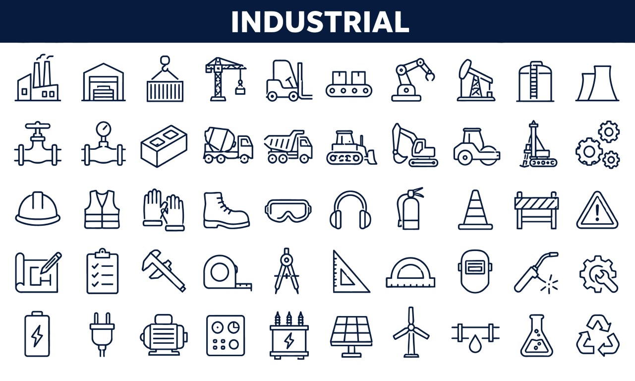 Industrial workplace and safety equipment icon set.
