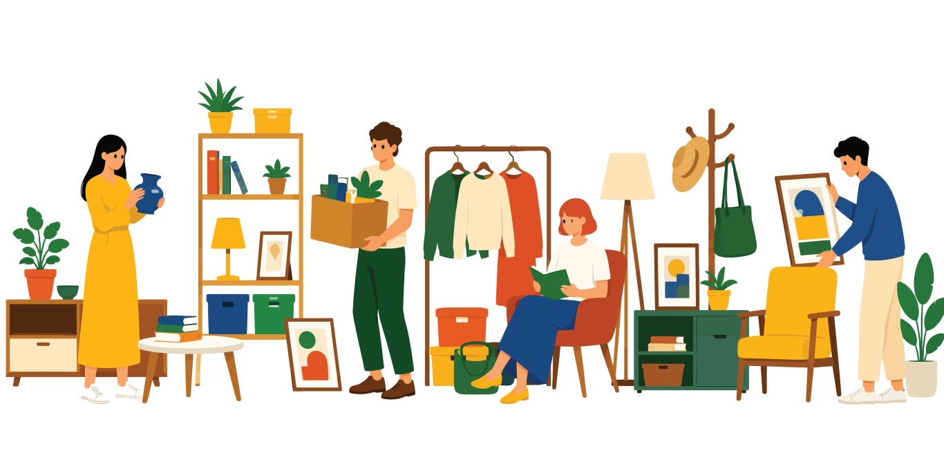 Group of people decluttering and organizing their home with furniture, clothing, and household items.