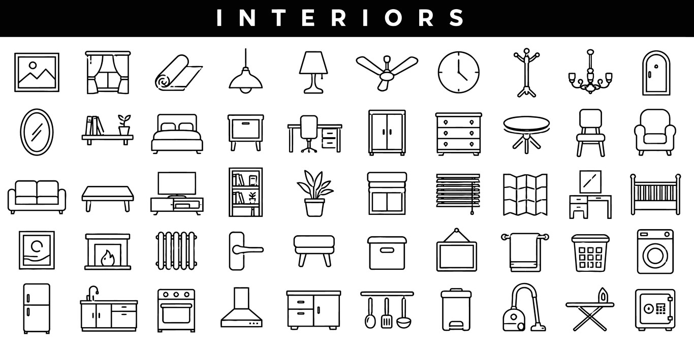Home interior linear furniture and household appliances icon set collection.