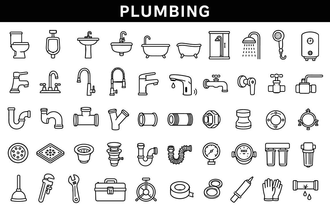 Plumbing system components and fixtures icon set.
