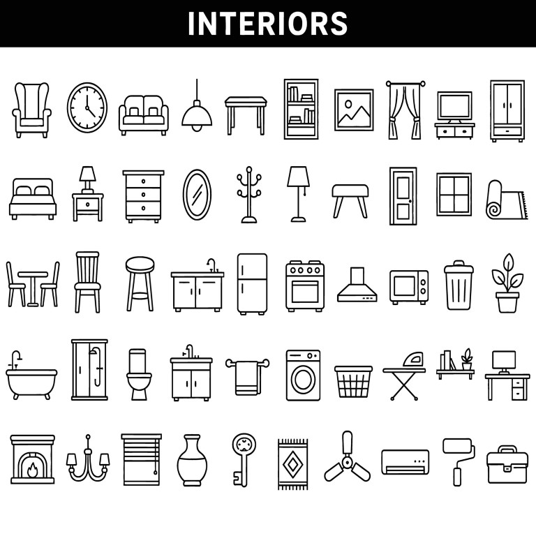 Interior design objects and home decoration icon set.