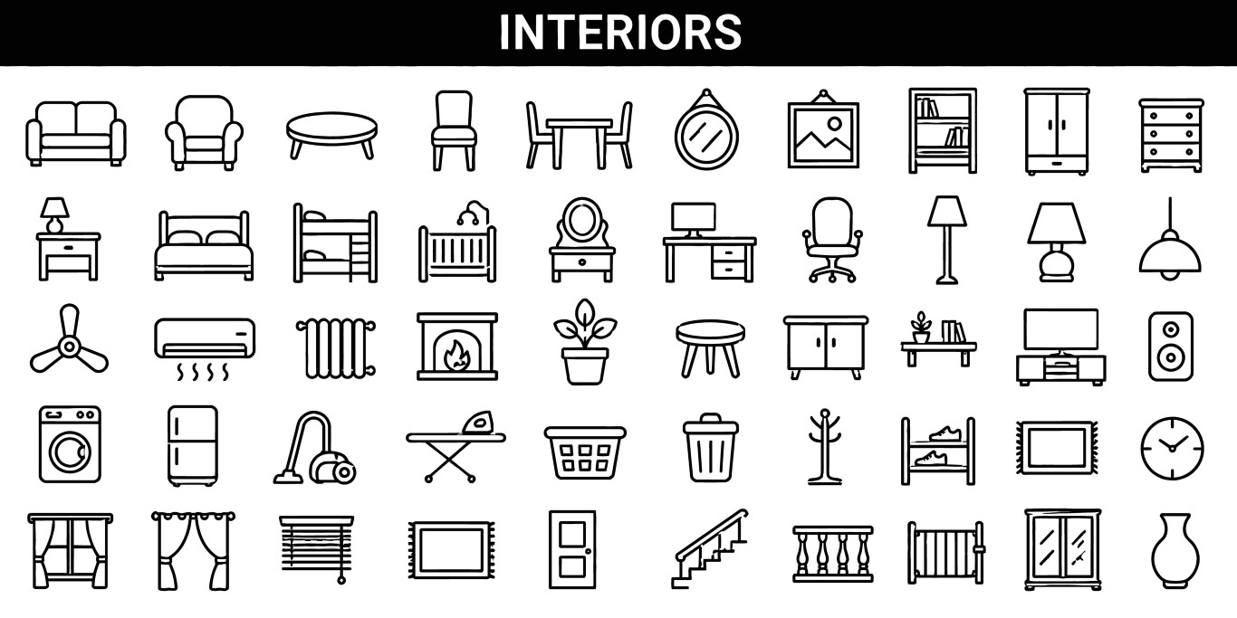 Home interior furniture and decoration icon set.