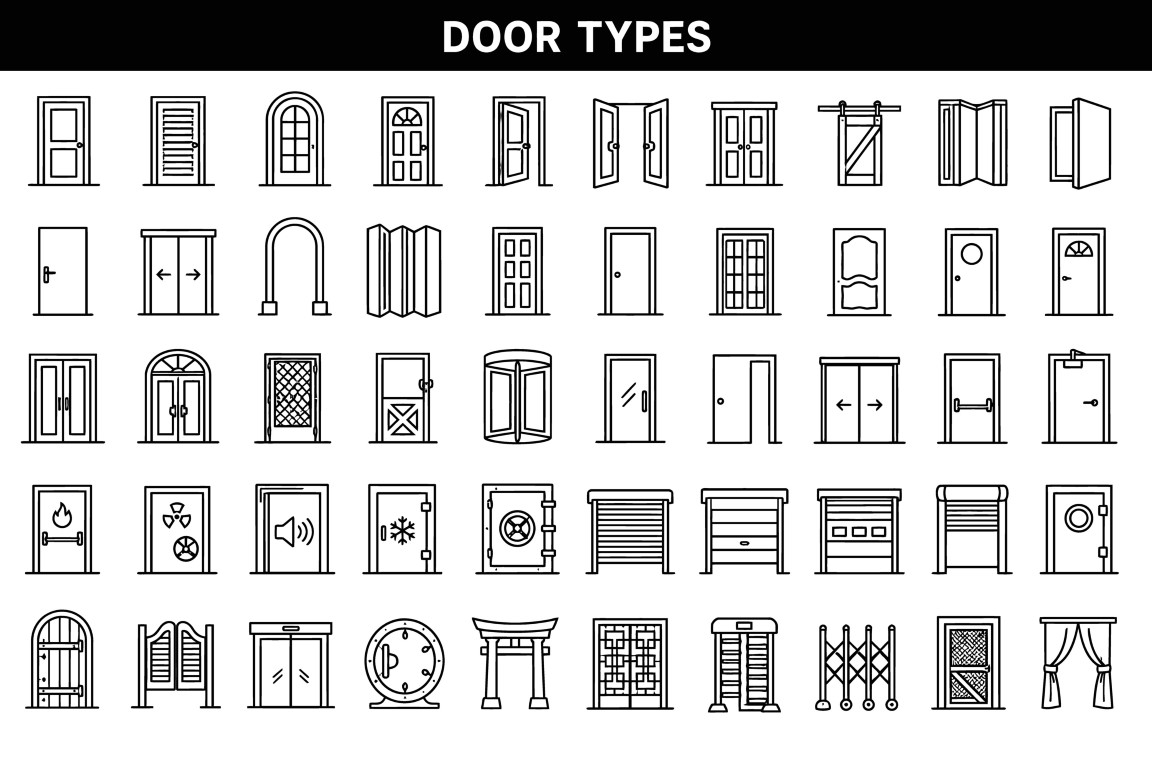 Door types and entrance design symbols icon set.