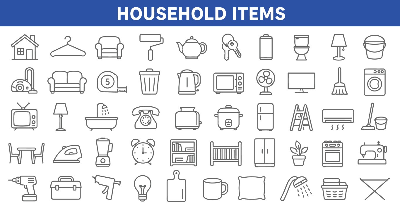 Household items and home essentials icon set.