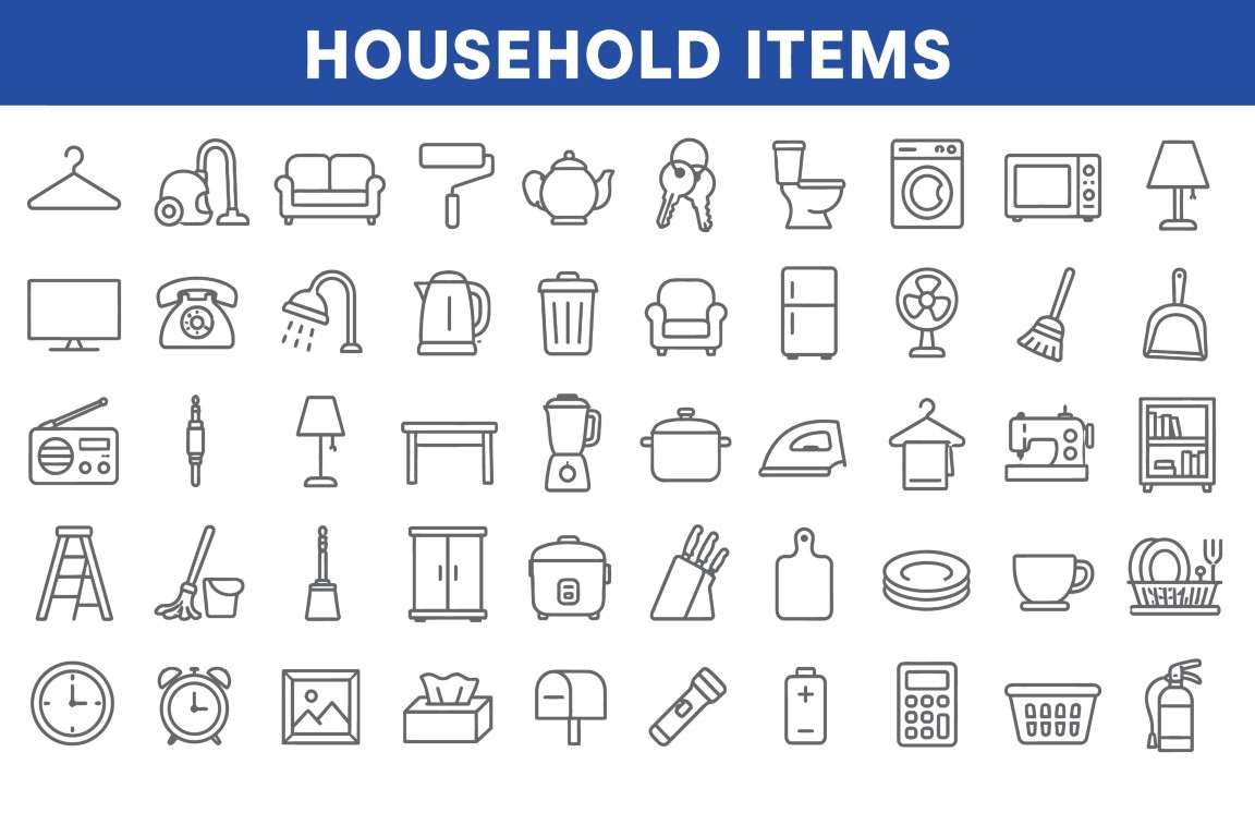 Household items and home appliances icon set.