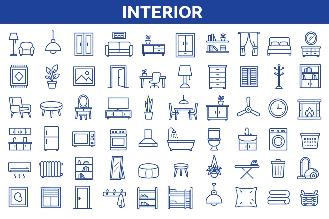 Interior design elements and home furnishings icon set.