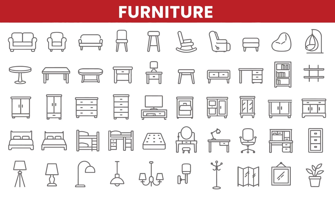 Furniture and interior decoration items icon set.