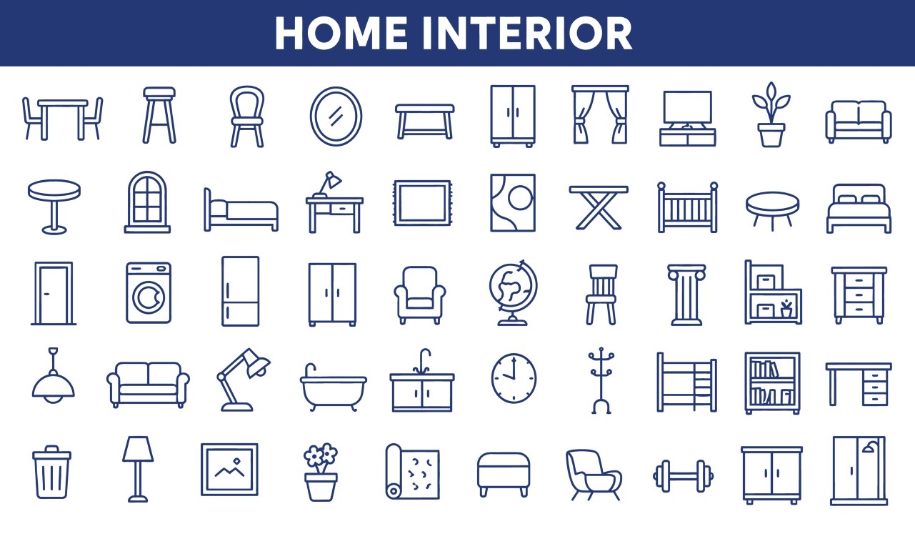 Home interior furniture and design elements icon set.