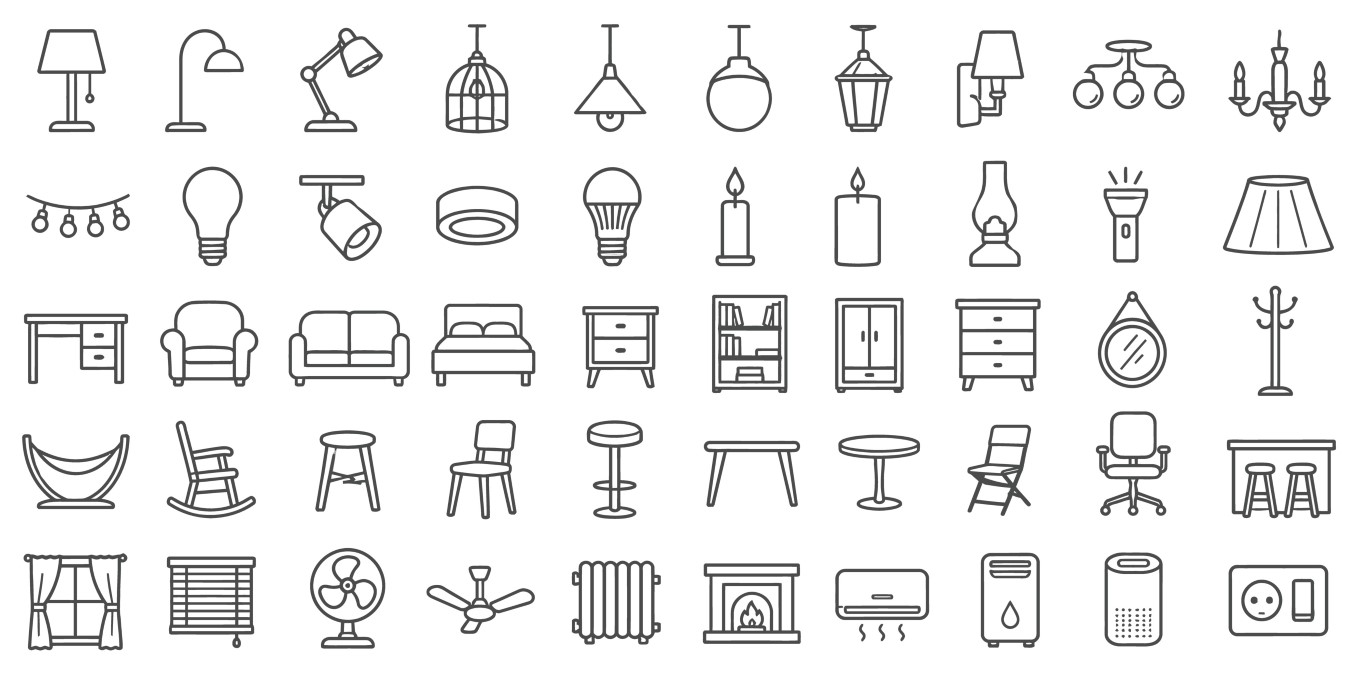 Home lighting and furniture arrangement icon set.