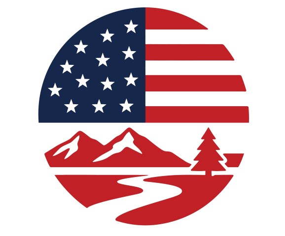 American flag and mountain landscape icon.
