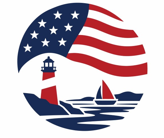 Lighthouse and sailboat scene framed by the American flag.