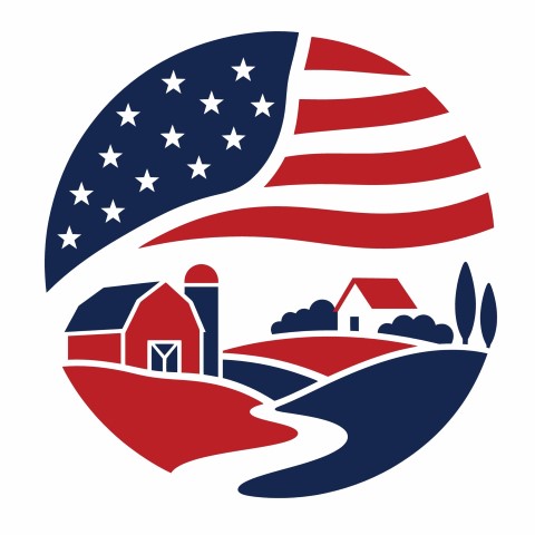 Rural farm landscape emblem with the American flag.