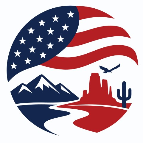 Mountain and desert landscape emblem with the American flag.
