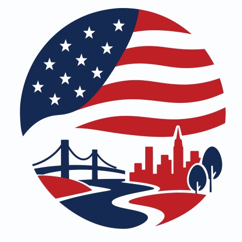 American flag themed city bridge icon.