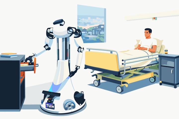 Medical robot caring for an elderly patient in a clean hospital room.