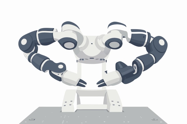Two robotic arms working together to hold and shape a glowing circular object.