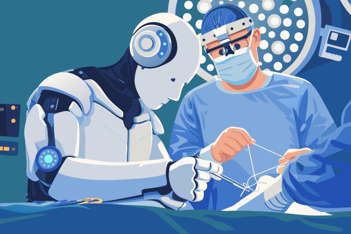 Precision robotic surgeon performing a delicate medical procedure in a sterile operating room.