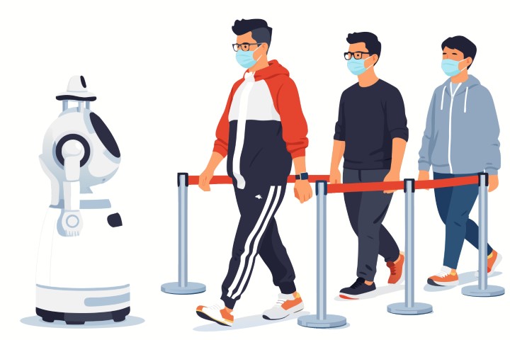 Robotic security guard monitors people walking through a high security checkpoint.