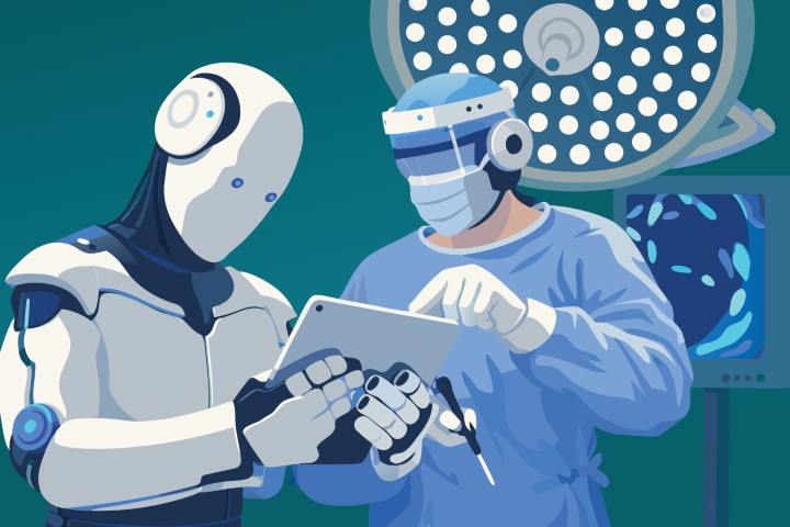 Professional medical team collaborating with a robot in a modern operating room.