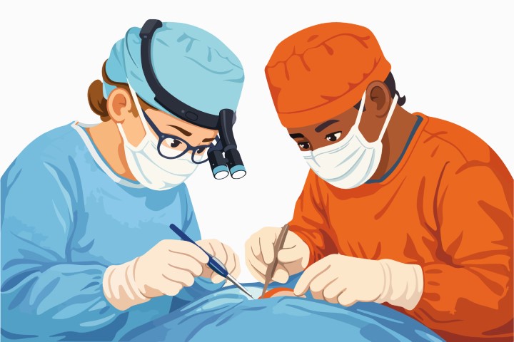 Team of surgeons meticulously performing surgery in the operating room.